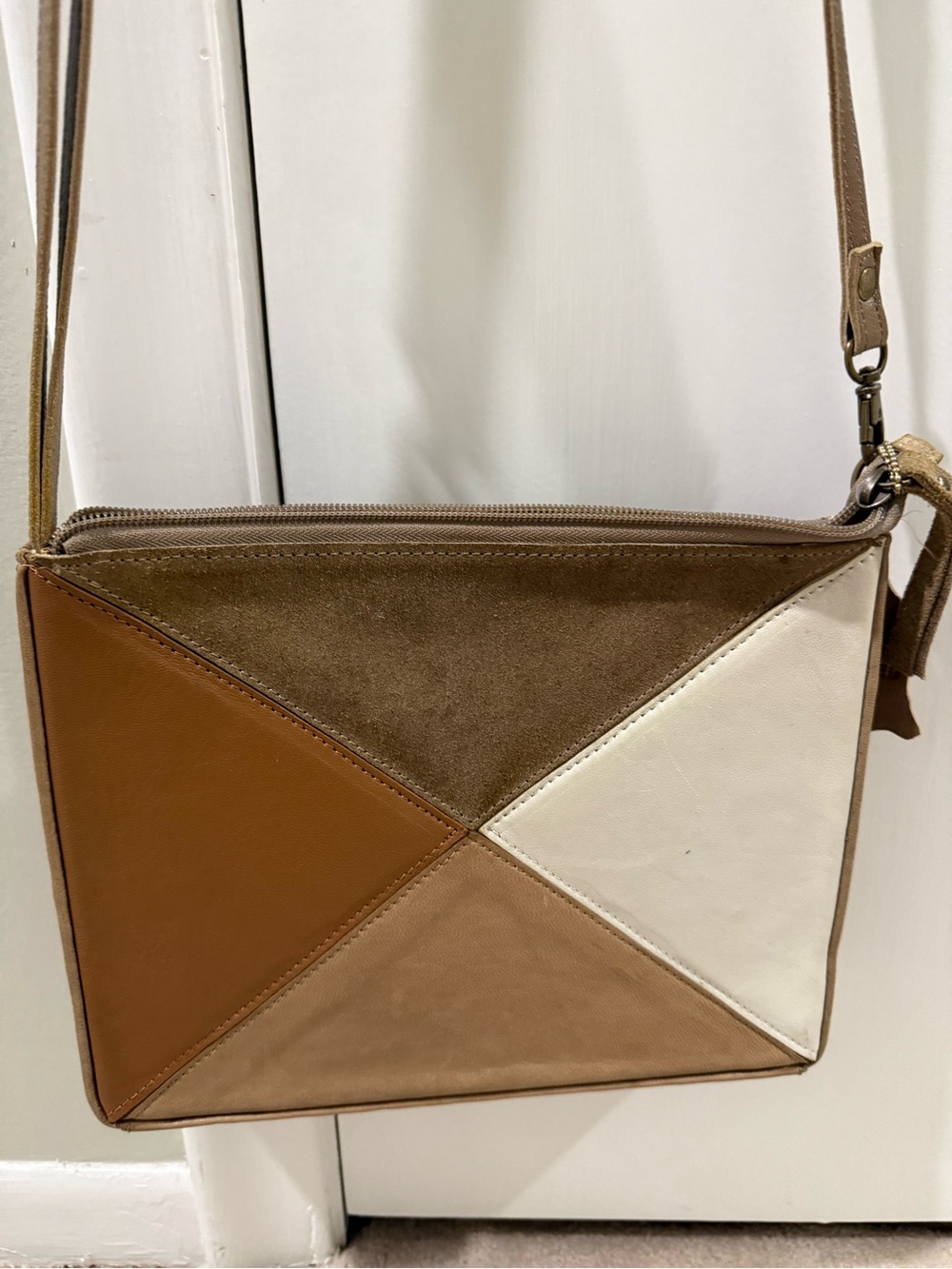 Colorblock Leather Crossbody Bag - Tan, Brown & White